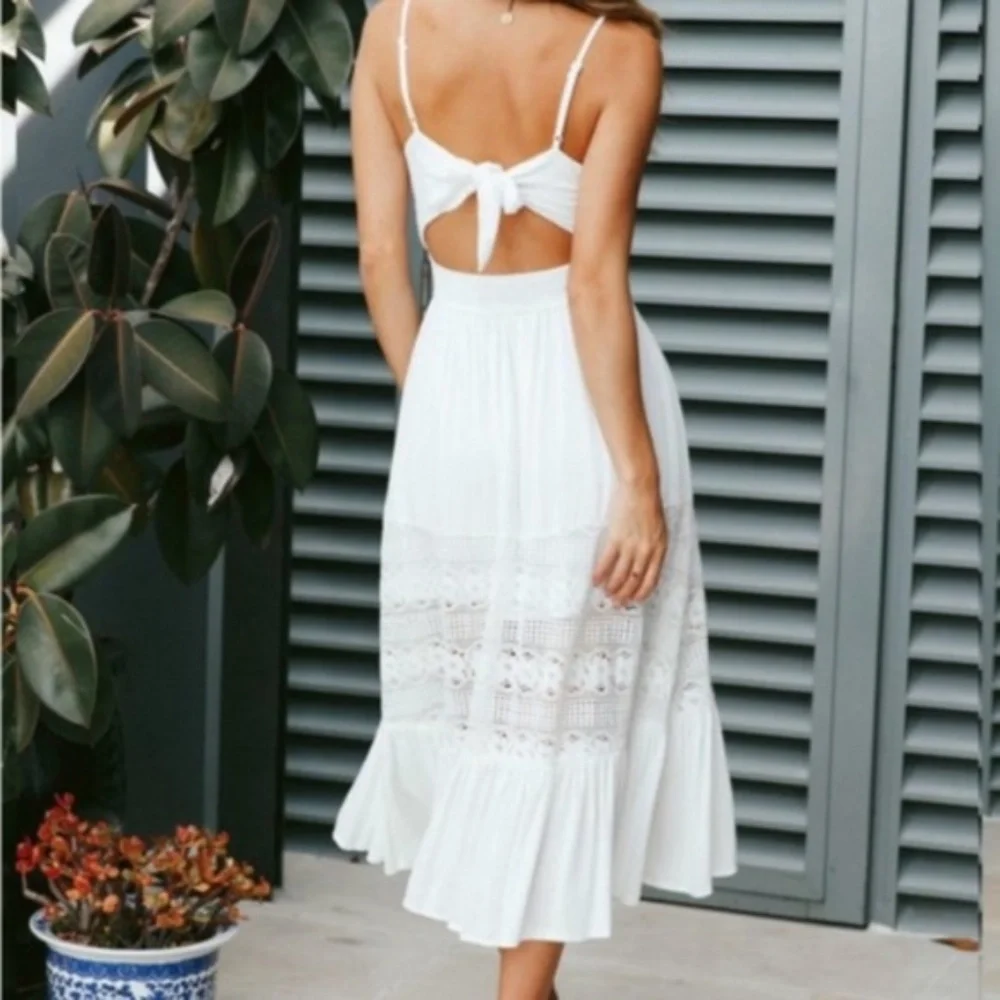 Bohemian White lace button up cami open back ruffle dress - Picture 3 of 6
